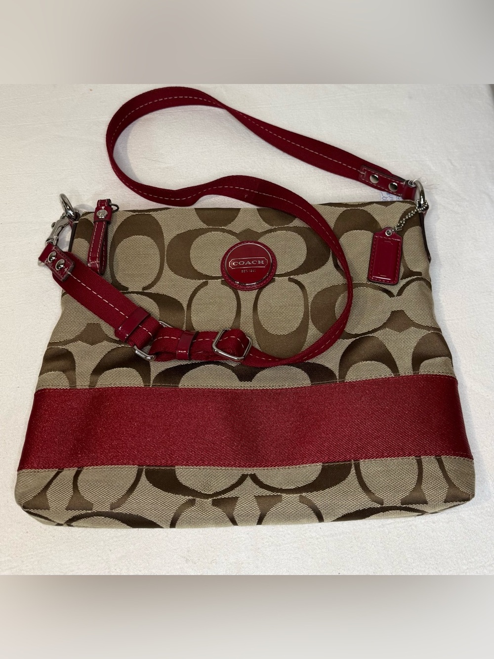 Coach Signature Stripe Crossbody with Red Leather Accents Silver 2011 17435